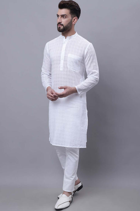 Buy Men's White Cotton Check Print Long Kurta Top Online - Back