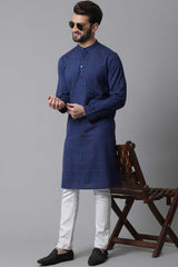 Buy Men's Blue Cotton Checks Long Kurta Online - KARMAPLACE