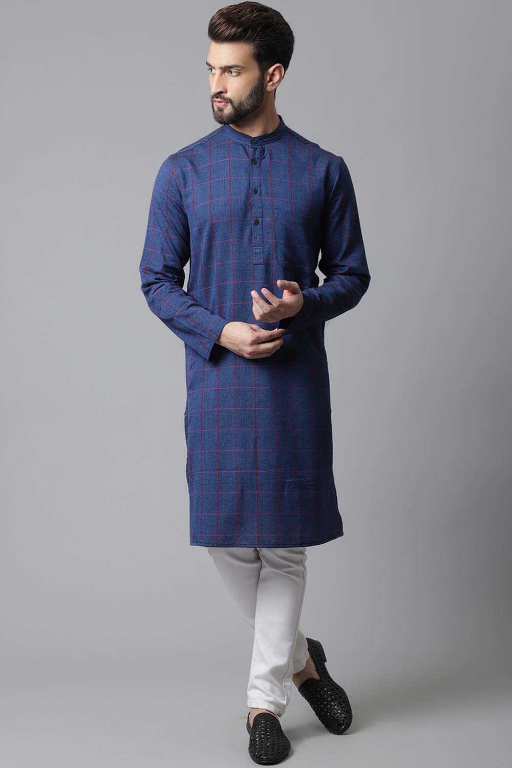 Buy Men's Blue Cotton Checks Long Kurta Online - KARMAPLACE