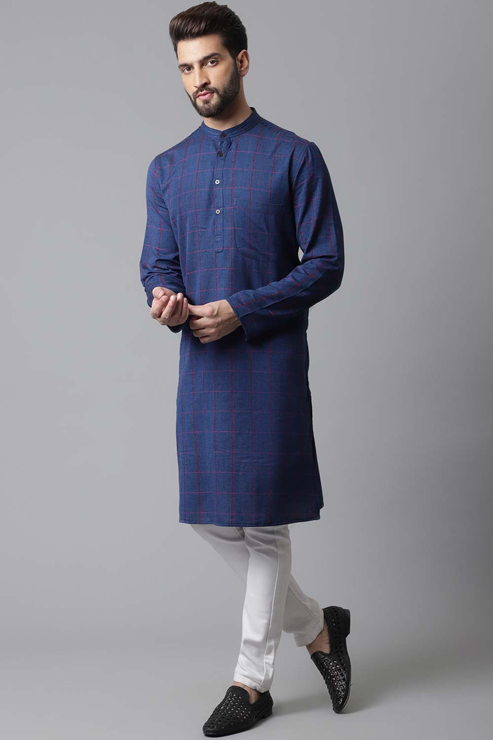 Buy Men's Blue Cotton Checks Long Kurta Online - KARMAPLACE