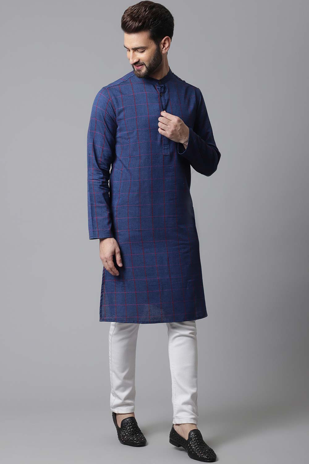 Buy Men's Blue Cotton Checks Long Kurta Online - KARMAPLACE