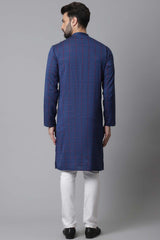 Buy Men's Blue Cotton Checks Long Kurta Online - KARMAPLACE