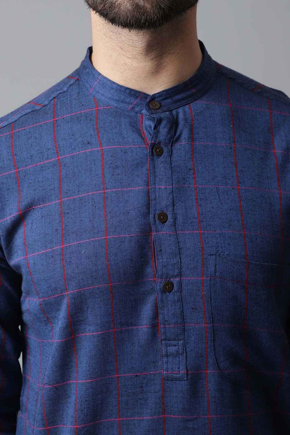 Buy Men's Blue Cotton Checks Long Kurta Online - KARMAPLACE