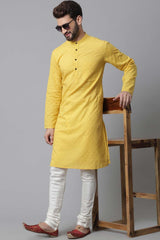 Buy Men's Yellow Cotton Self-design Long Kurta Online - KARMAPLACE