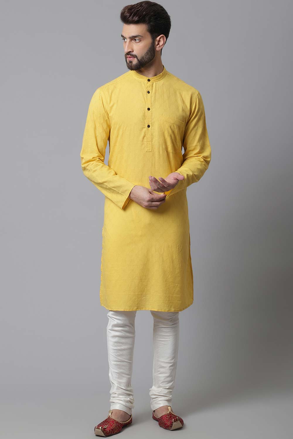 Buy Men's Yellow Cotton Self-design Long Kurta Online - KARMAPLACE