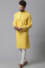 Buy Men's Yellow Cotton Self-design Long Kurta Online - KARMAPLACE