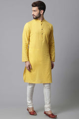 Buy Men's Yellow Cotton Self-design Long Kurta Online - KARMAPLACE