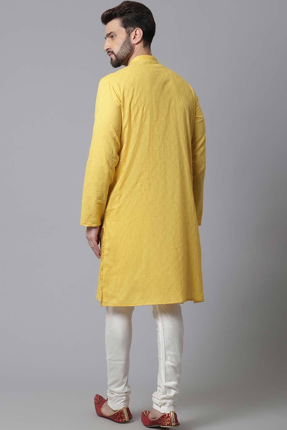 Buy Men's Yellow Cotton Self-design Long Kurta Online - KARMAPLACE