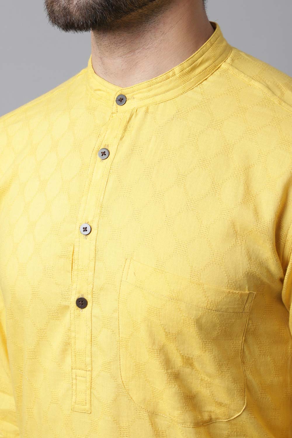 Buy Men's Yellow Cotton Self-design Long Kurta Online - KARMAPLACE