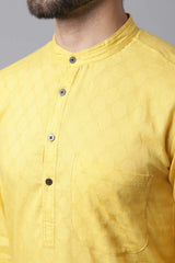 Buy Men's Yellow Cotton Self-design Long Kurta Online - KARMAPLACE