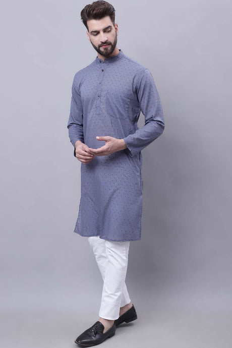 Buy Men's Grey Cotton Self Design Long Kurta Top Online - Back