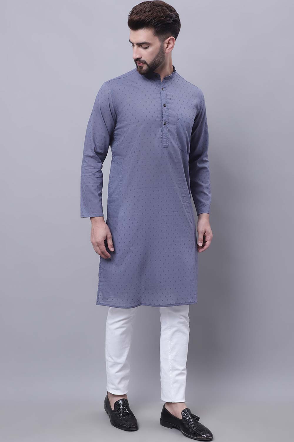 Buy Men's Grey Cotton Self Design Long Kurta Top Online - Front