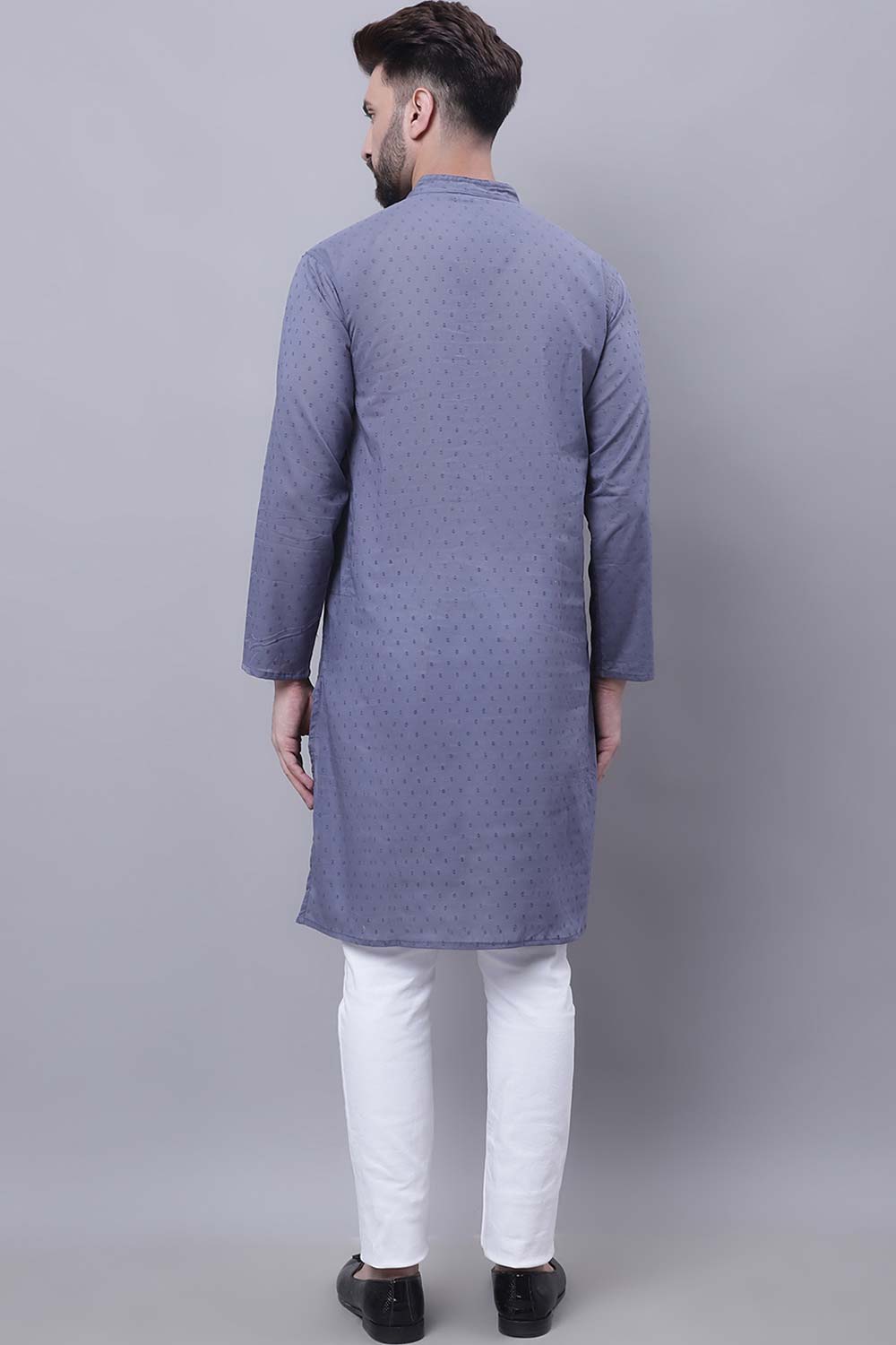 Buy Men's Grey Cotton Self Design Long Kurta Top Online - Side