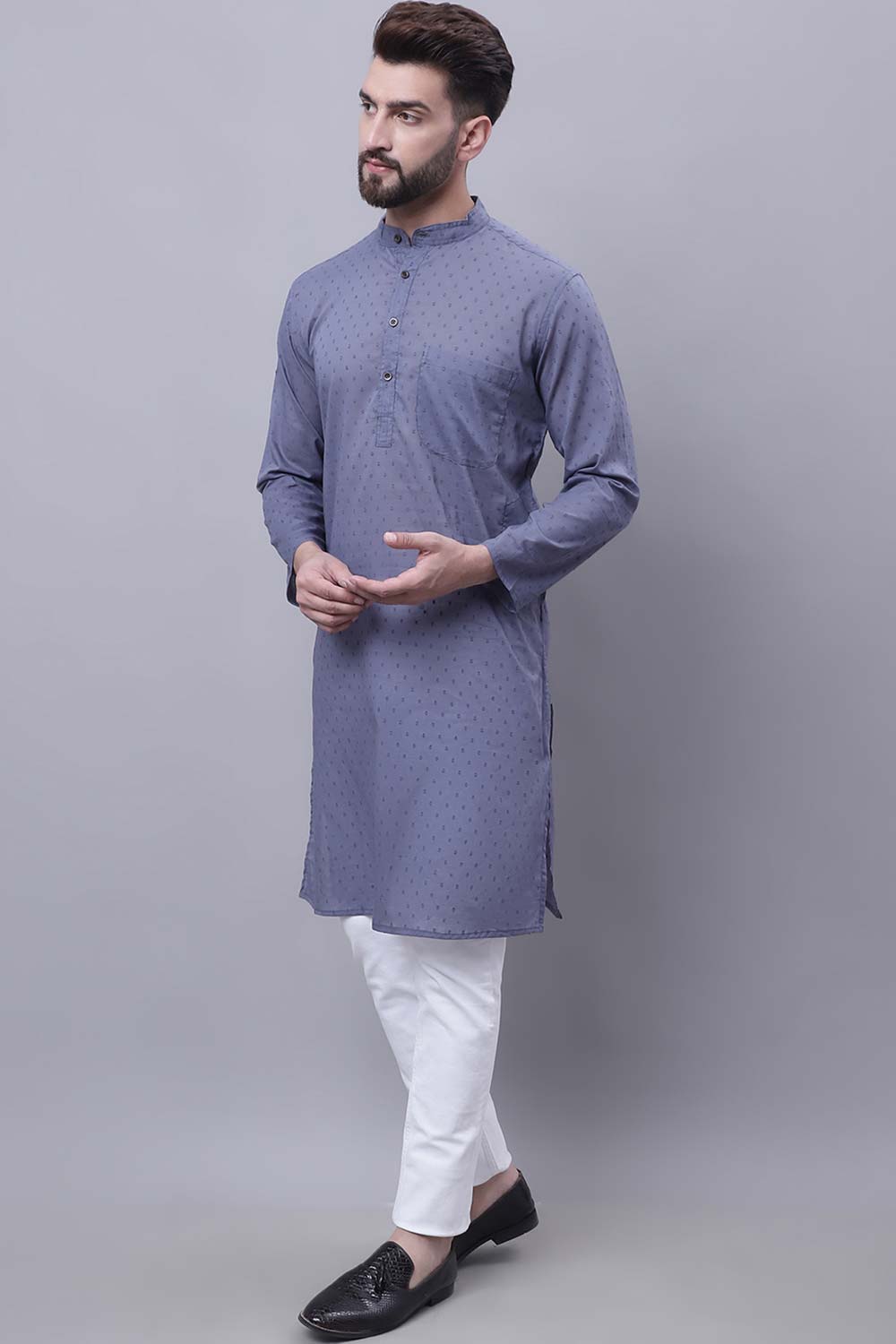 Buy Men's Grey Cotton Self Design Long Kurta Top Online - Zoom Out