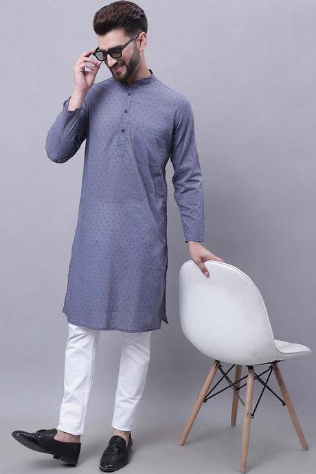 Buy Men's Grey Cotton Self Design Long Kurta Top Online