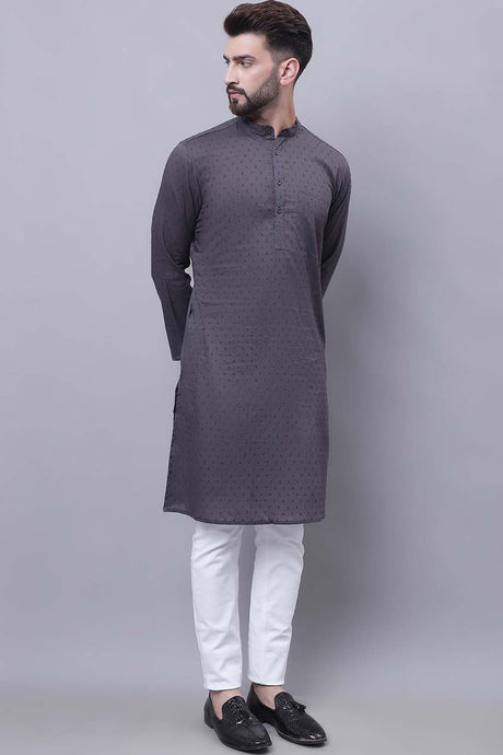 Buy Men's Grey Cotton Self Design Long Kurta Top Online - Back