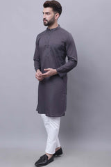 Buy Men's Grey Cotton Self Design Long Kurta Top Online - Front