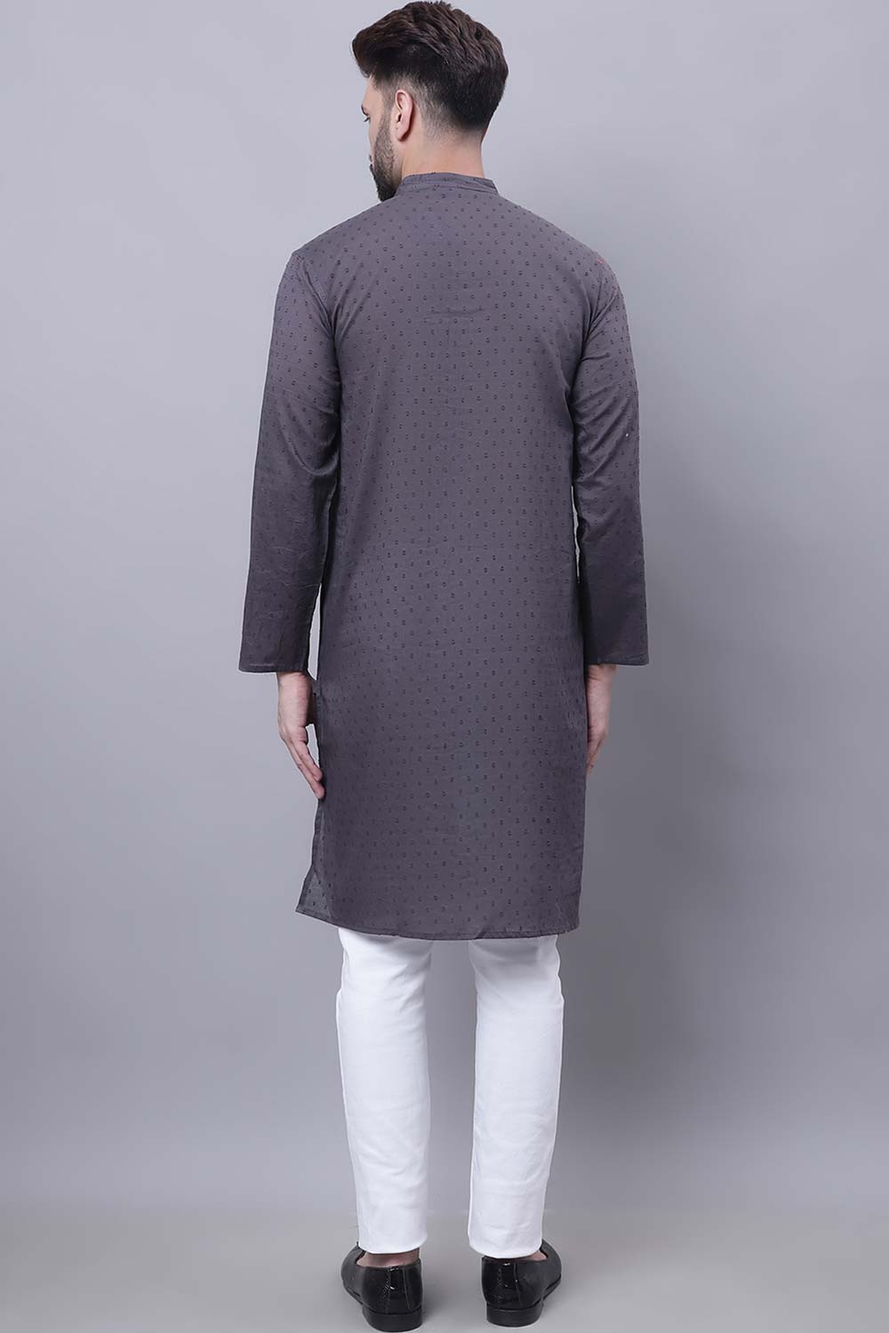 Buy Men's Grey Cotton Self Design Long Kurta Top Online - Side