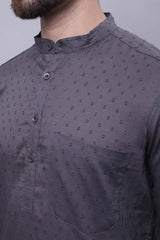 Buy Men's Grey Cotton Self Design Long Kurta Top Online - Zoom In