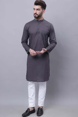 Buy Men's Grey Cotton Self Design Long Kurta Top Online - Zoom Out