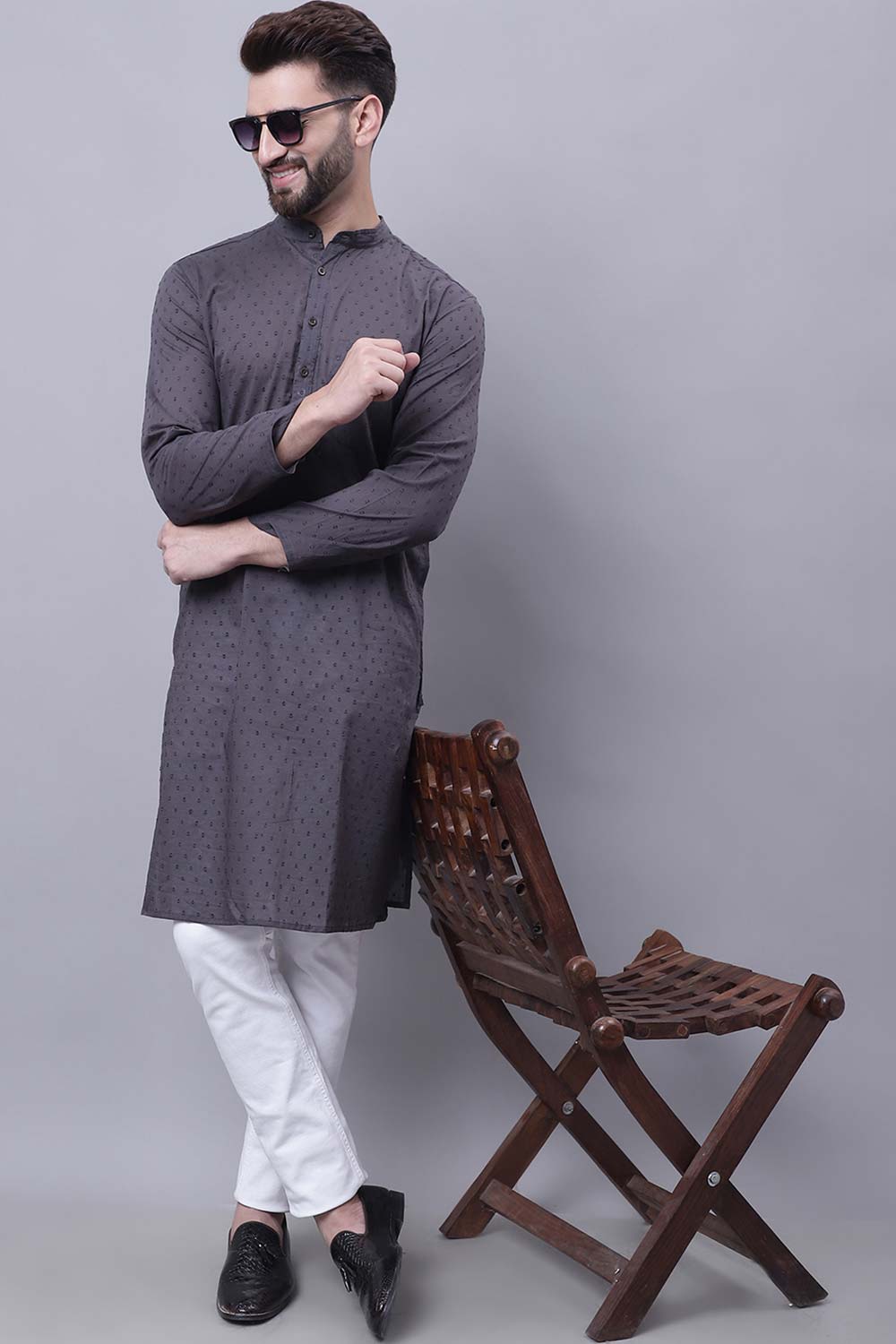 Buy Men's Grey Cotton Self Design Long Kurta Top Online