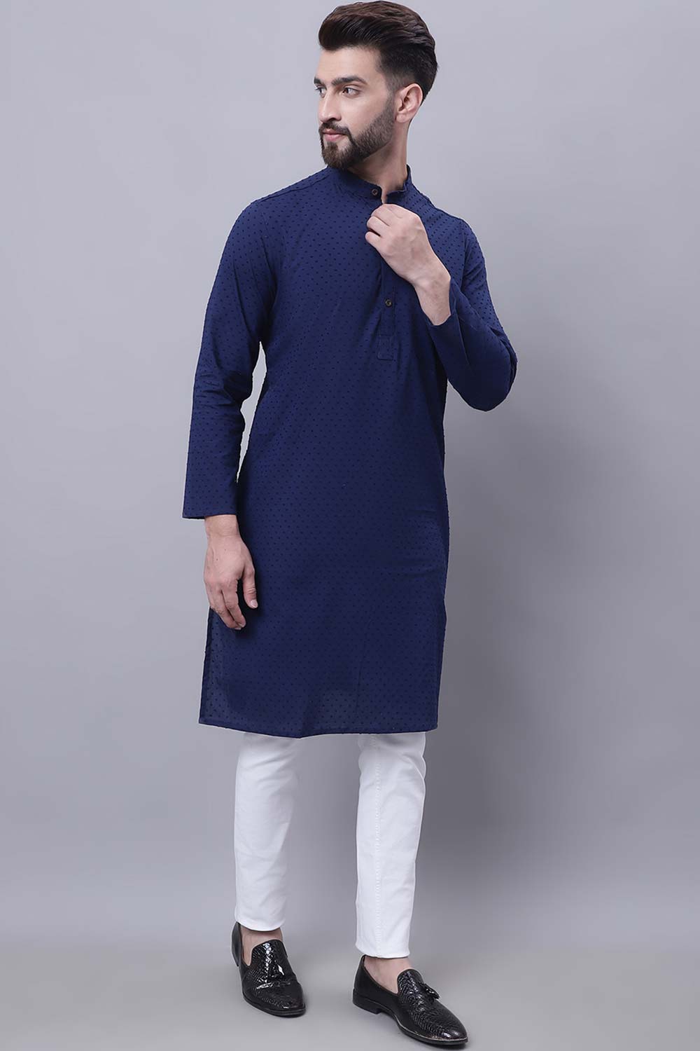 Buy Men's Blue Cotton Self Design Long Kurta Top Online - Back