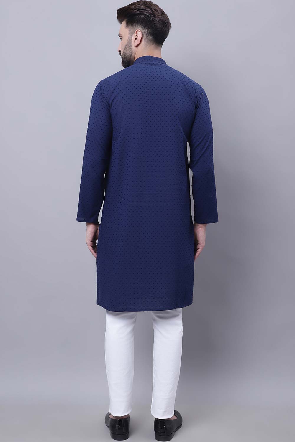 Buy Men's Blue Cotton Self Design Long Kurta Top Online - Front