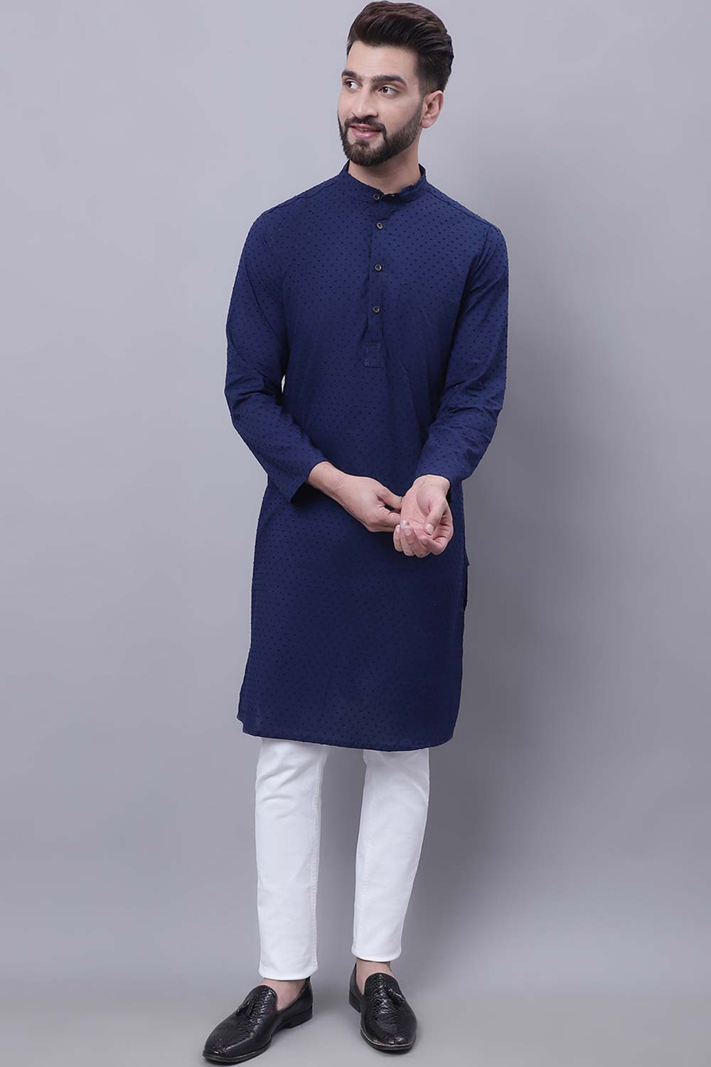 Buy Men's Blue Cotton Self Design Long Kurta Top Online