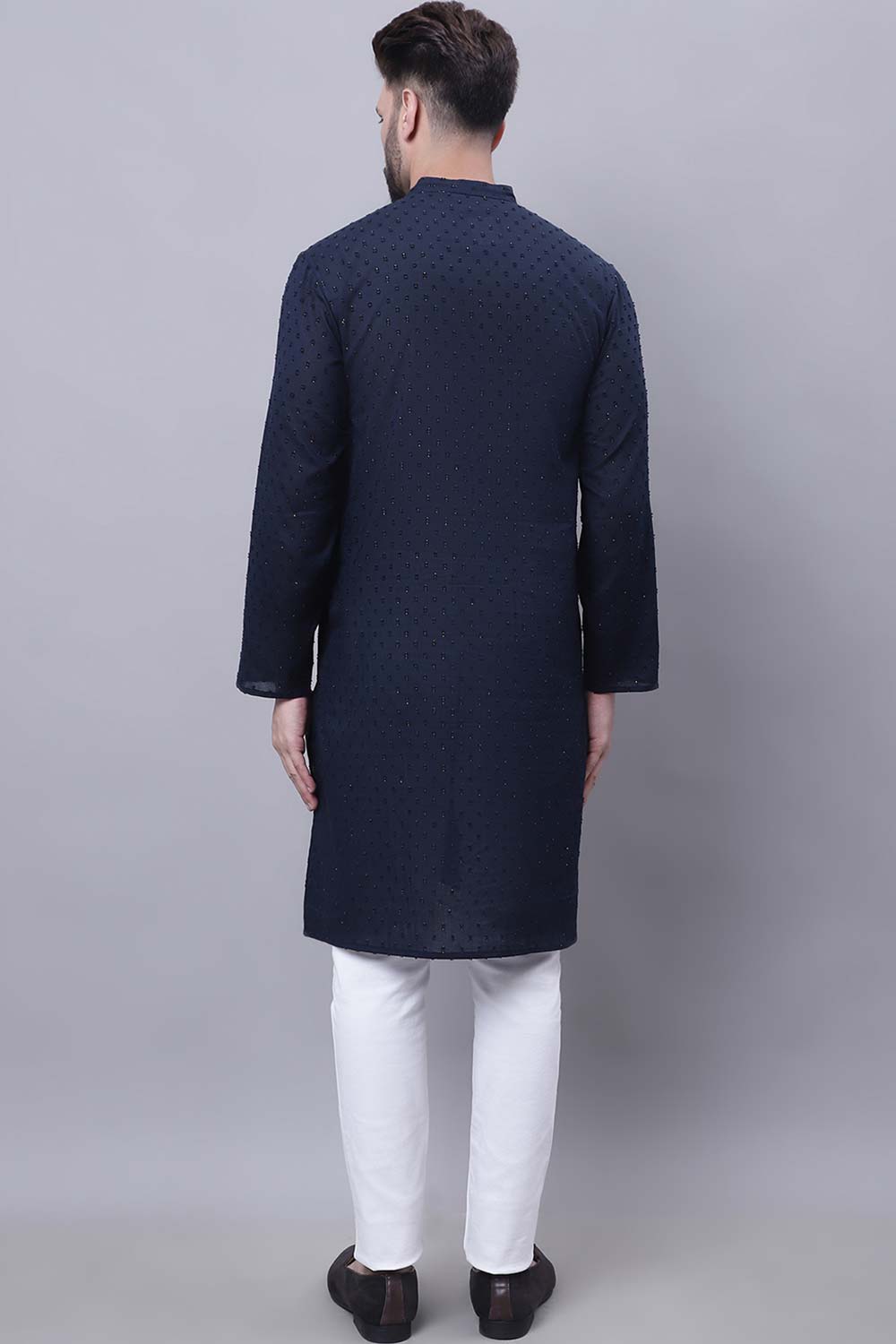 Buy Men's Blue Cotton Self Design Long Kurta Top Online - Front