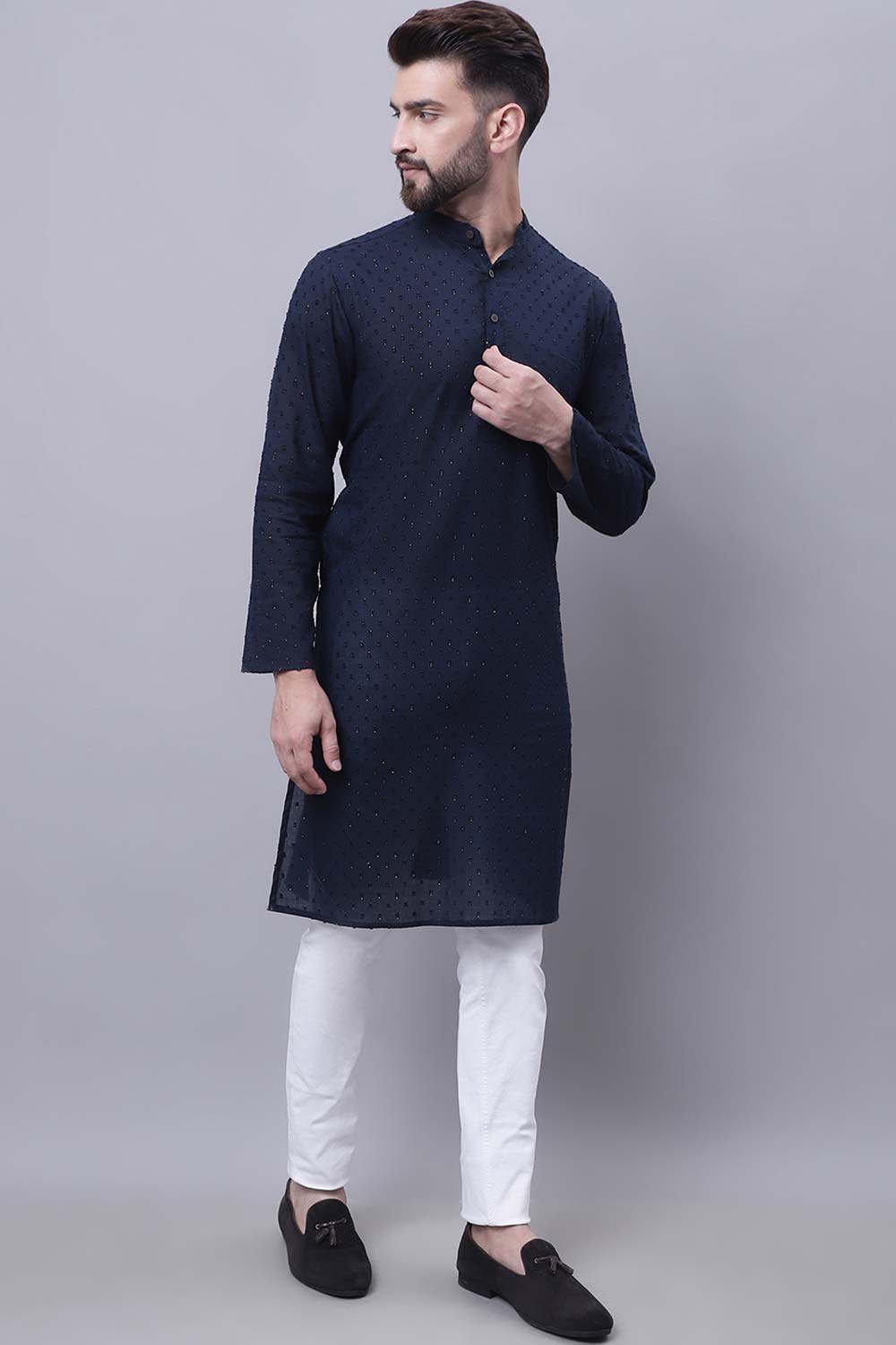 Buy Men's Blue Cotton Self Design Long Kurta Top Online - Side