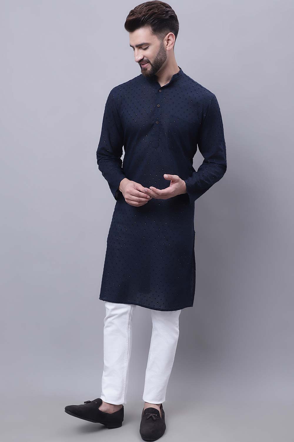Buy Men's Blue Cotton Self Design Long Kurta Top Online - Zoom Out