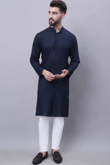Buy Men's Blue Cotton Self Design Long Kurta Top Online