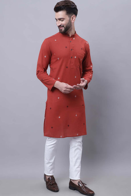 Buy Men's Rust Cotton Abstract Print Long Kurta Top Online - Back