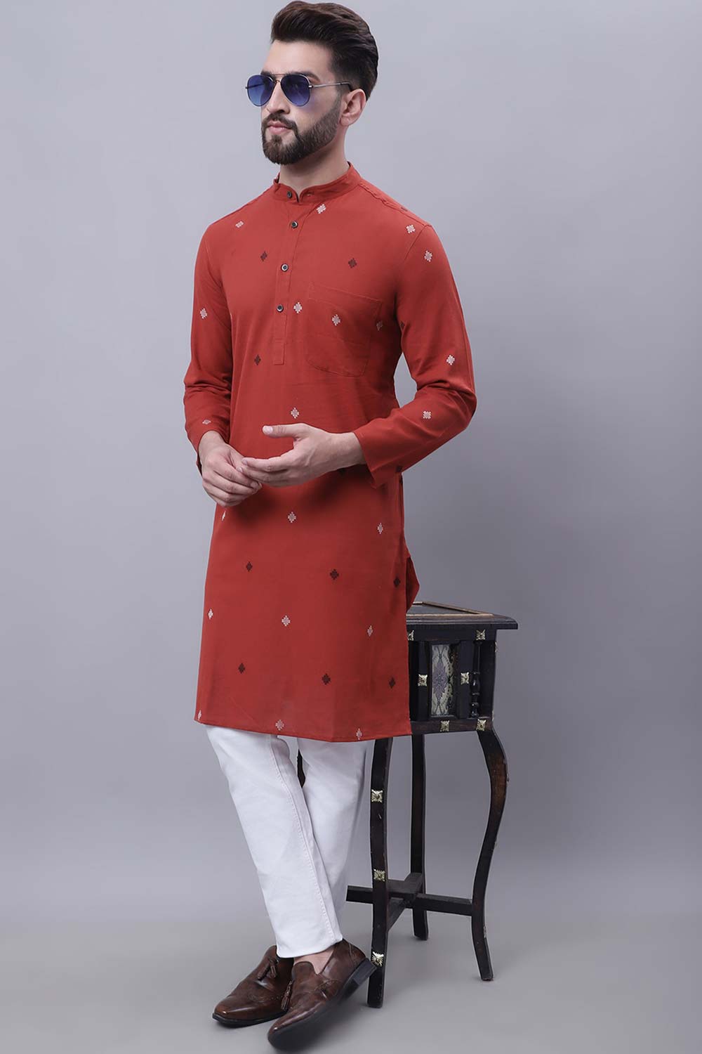 Buy Men's Rust Cotton Abstract Print Long Kurta Top Online - Zoom Out
