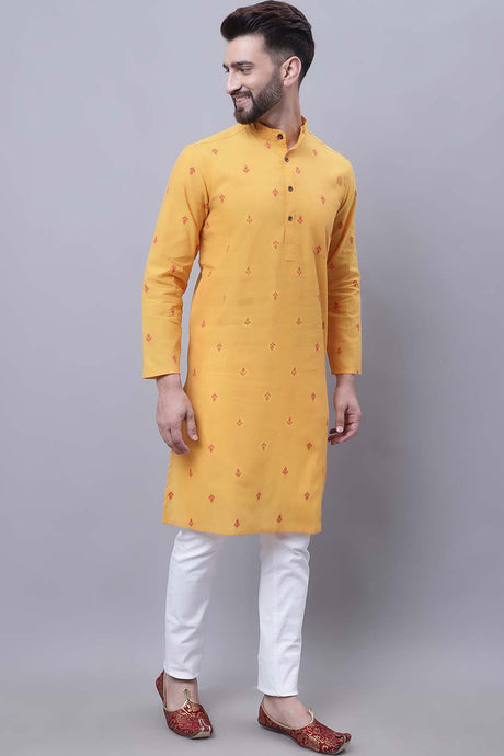 Buy Men's Yellow Cotton Abstract Print Long Kurta Top Online - Back