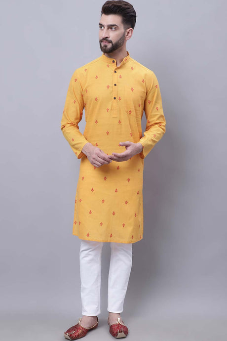 Buy Men's Yellow Cotton Abstract Print Long Kurta Top Online