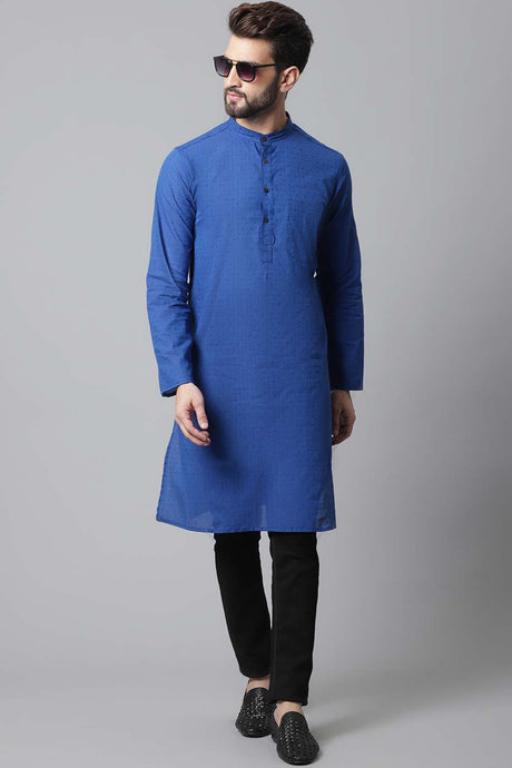 Buy Men's Blue Cotton Self-design Long Kurta Online - KARMAPLACE