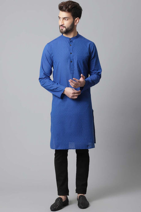 Buy Men's Blue Cotton Self-design Long Kurta Online - KARMAPLACE