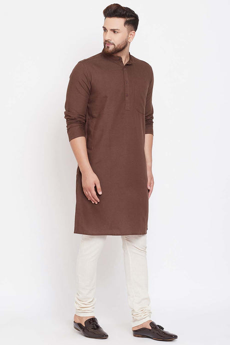 Buy Men's Brown Cotton linenSolid Long Kurta Top Online - Back