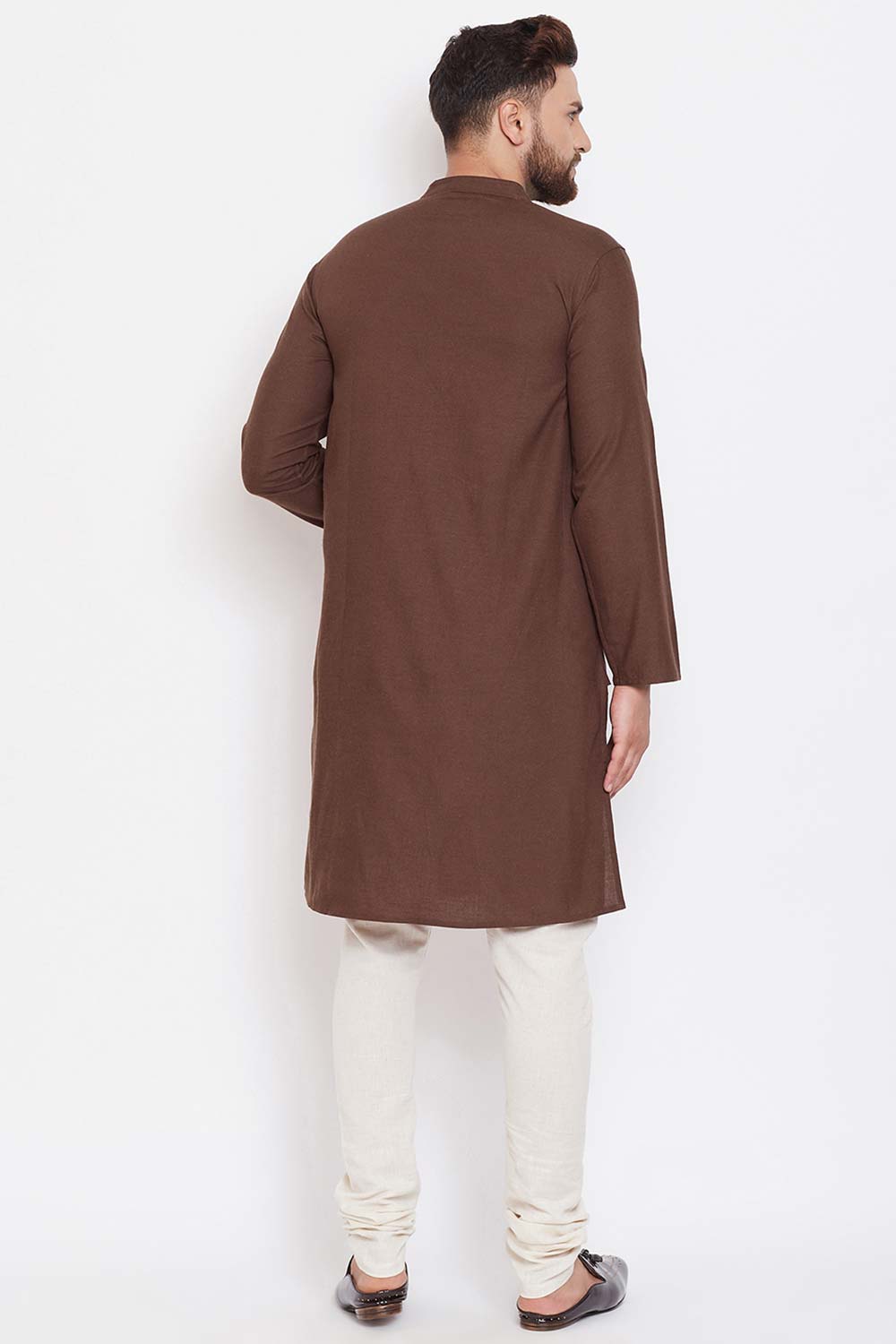 Buy Men's Brown Cotton linenSolid Long Kurta Top Online - Front