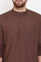 Buy Men's Brown Cotton linenSolid Long Kurta Top Online - Side