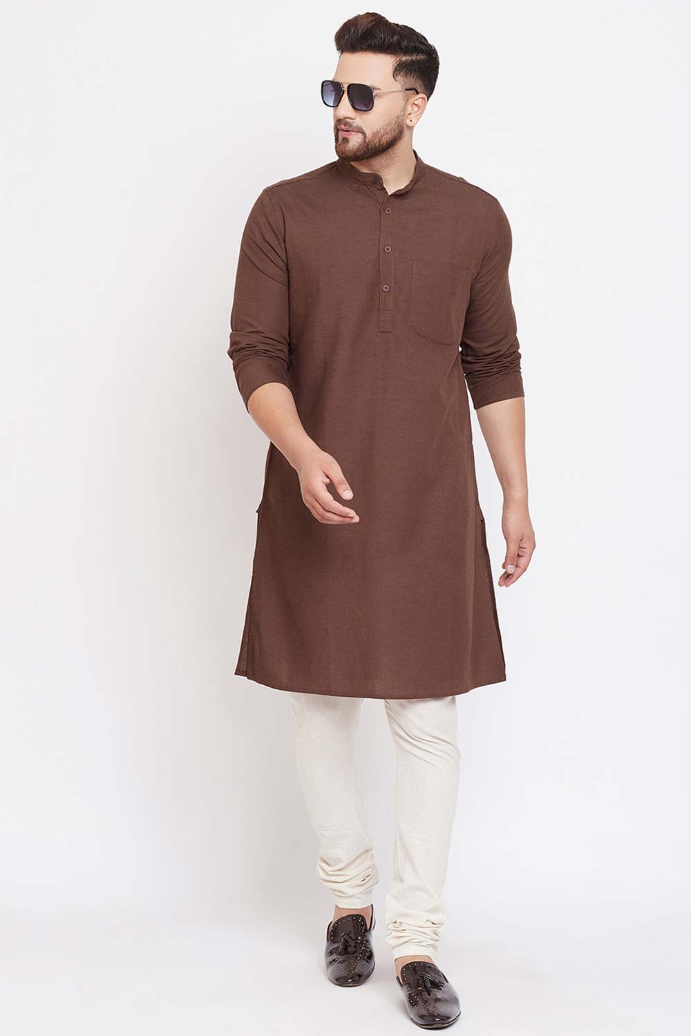 Buy Men's Brown Cotton linenSolid Long Kurta Top Online - Zoom In