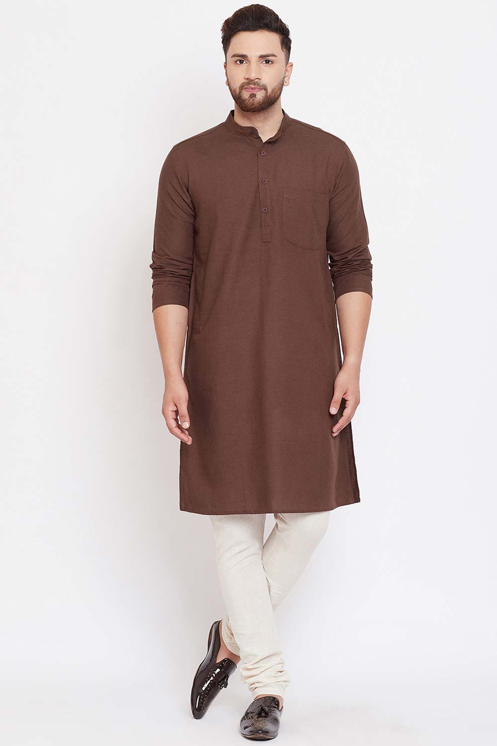 Buy Men's Brown Cotton linenSolid Long Kurta Top Online