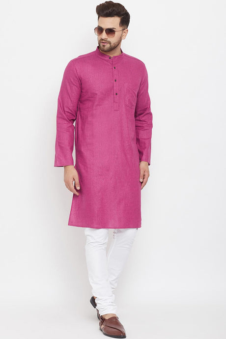 Buy Men's Blended Cotton Solid Kurta in Purple - Back