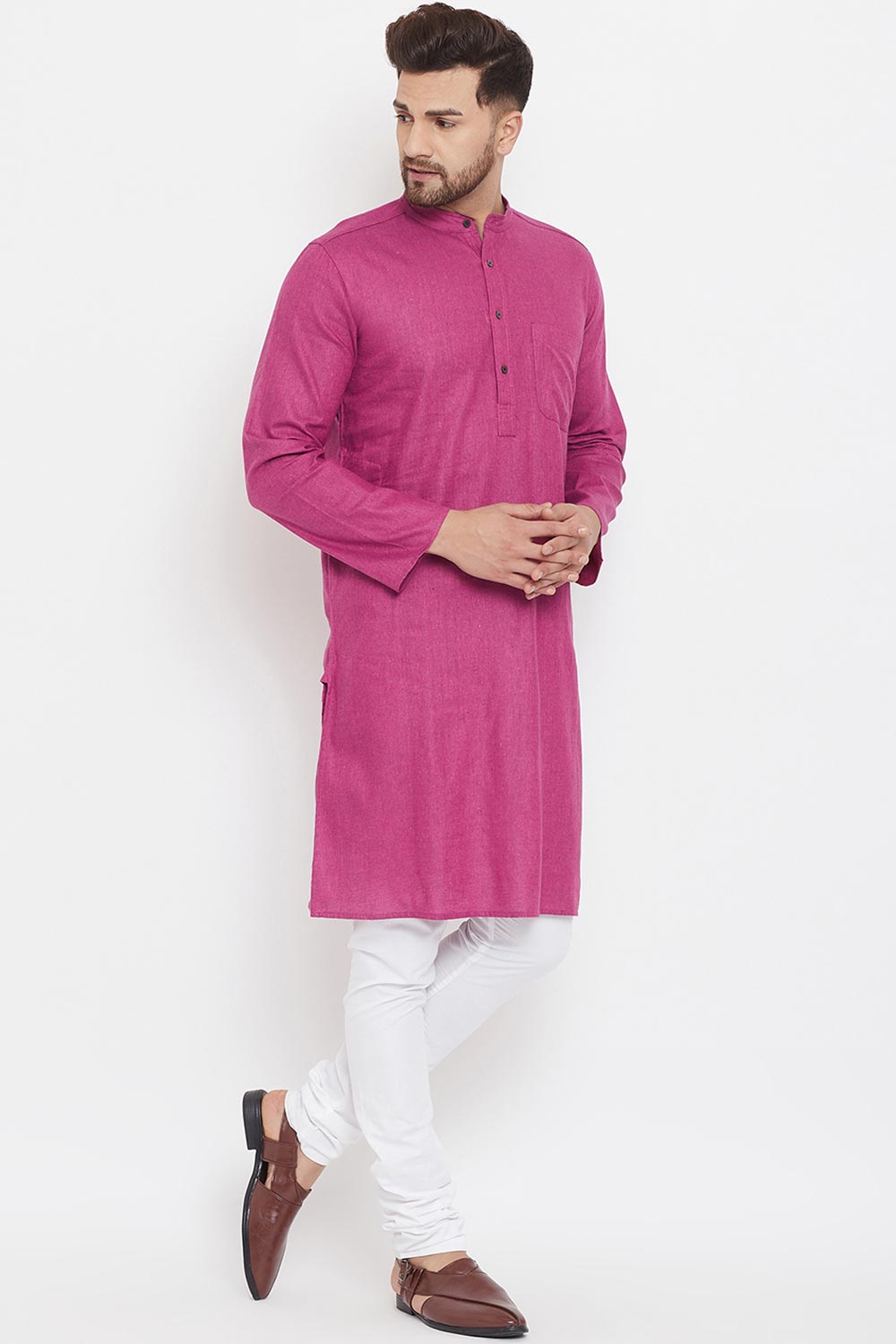 Buy Men's Blended Cotton Solid Kurta in Purple - Side