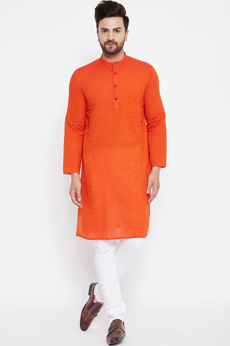 Buy Men's Blended Cotton Solid Kurta in Orange