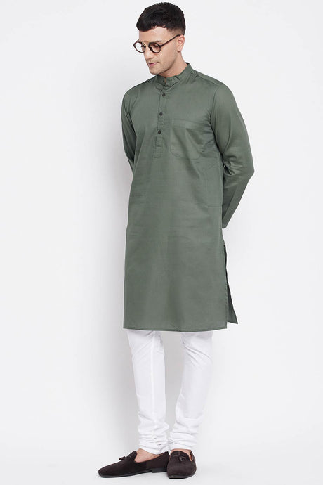 Buy Men's Linen Solid Sherwani Kurta in Olive Green - Front
