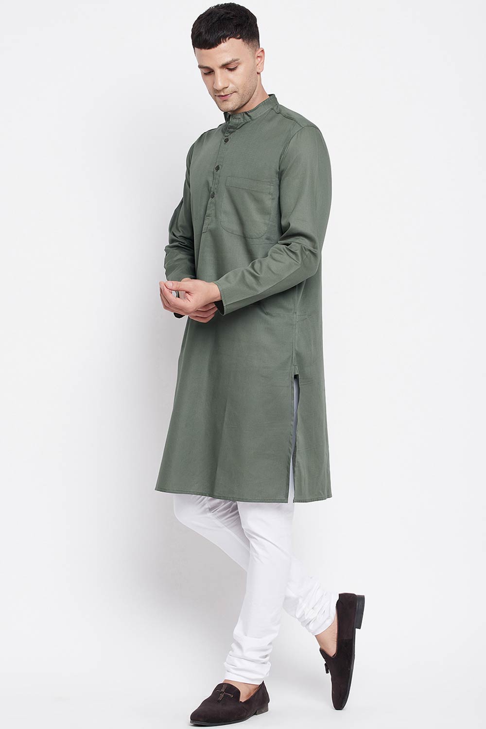 Buy Men's Linen Solid Sherwani Kurta in Olive Green - Back