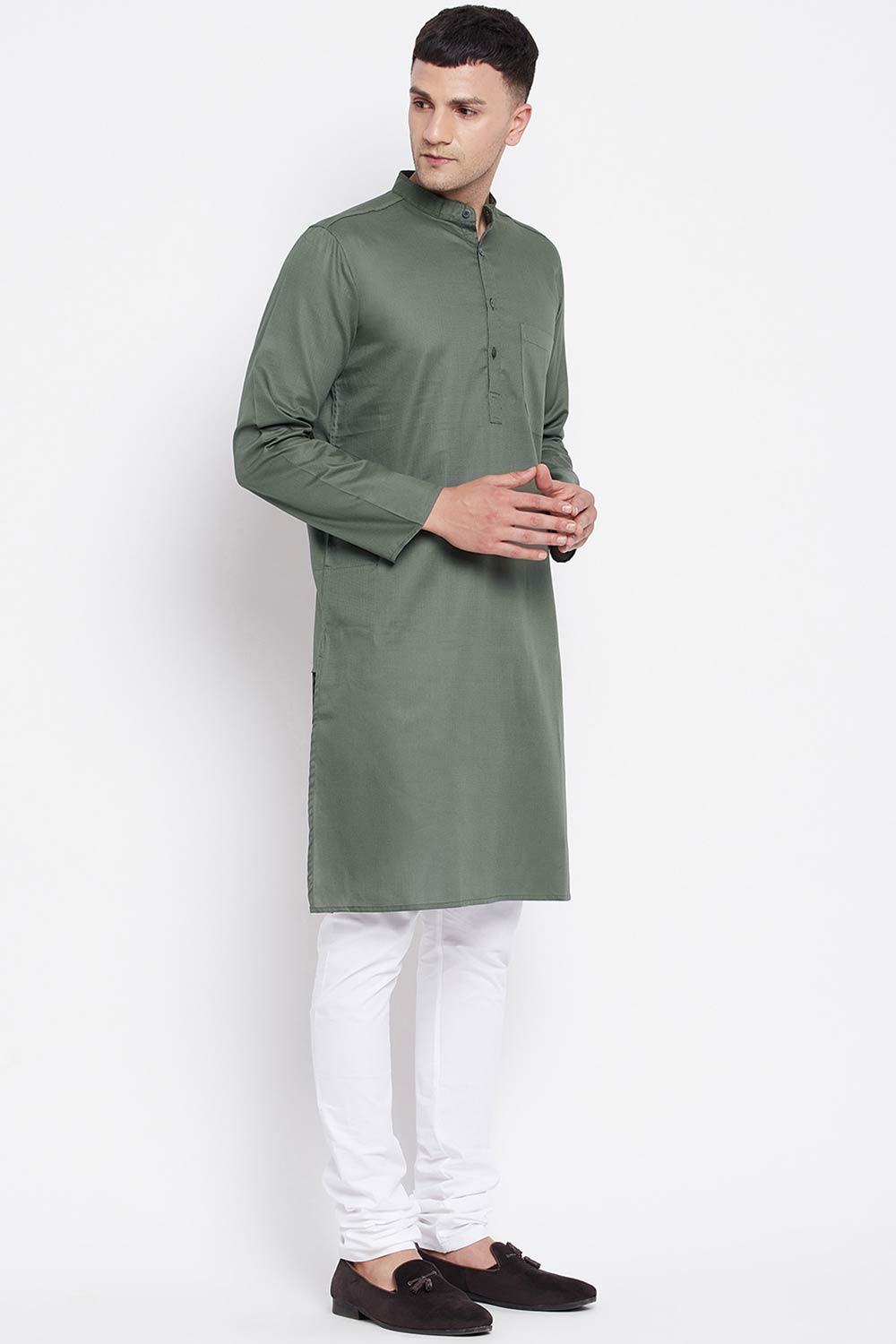 Buy Men's Linen Solid Sherwani Kurta in Olive Green - Side