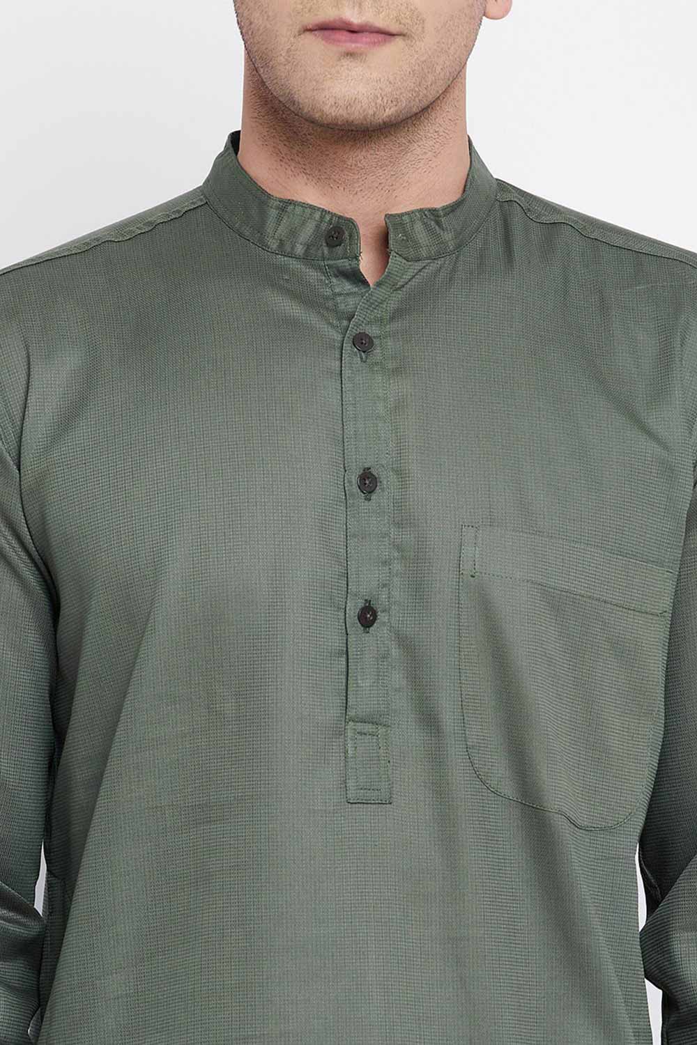 Buy Men's Linen Solid Sherwani Kurta in Olive Green - Zoom Out